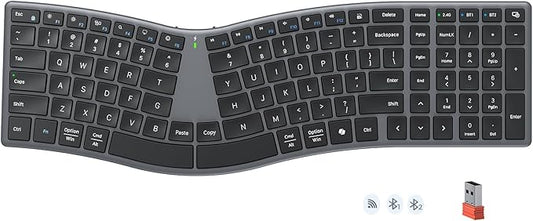 MEETION Wireless Ergonomic Keyboard, S-Curve Design Split Keyboard, 2.4G Wireless & Dual Bluetooth Keyboards, Slim Low-Profile Keys, Type-C Rechargeable, Full-Size Layout for Windows, Mac, PC, Laptop