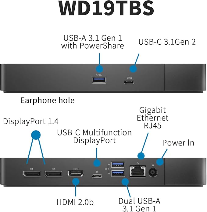 Dell WD19TBS Docking Station, Performance Dock WD19TBS with 180W Power Adapter + 130W Power Delivery + HDMI Cable + DisplayPort Cable