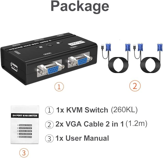 MT-VIKI VGA KVM Switch, 2 Port USB VGA KVM Switch for 2 Computers Share 1 Monitor Keyboard Mouse Printer, + 2 KVM Cables