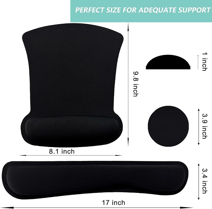 Keyboard Wrist Rest Pad Mouse Pad with Wrist Support Set of 3, Gaming Mousepad with Non-Slip Rubber Base, Ergonomic Memory Foam Mouse Cushion Support for Home Office Laptop Computer, Black