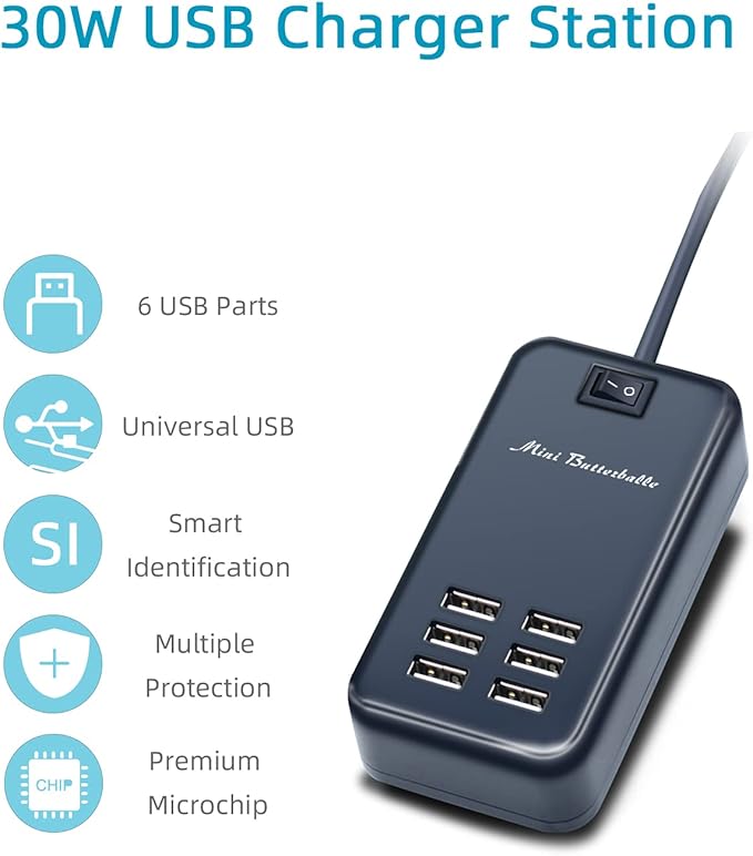 USB Charger Station, 6 Port Desktop Charging Station for Multiple Devices, Wall Power Strip with Switch