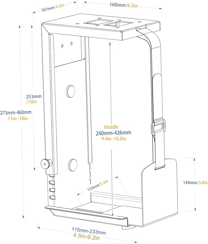 Universal Wall or Under Desk CPU Mount, PC/NAS Bracket – 4.5 to 9.2 inch Wide Computer Holder, Space-Saving Design with Safety Lock,Max Load 32Lbs