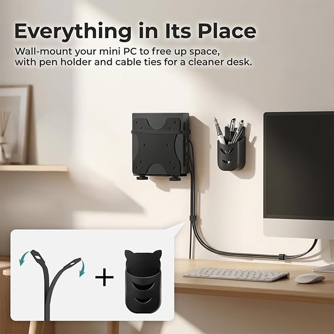 Yimaut Adjustable Mini PC Mount Bracket, VESA 75x75 & 100x100, Supports up to 12 lbs, Mount Behind Monitor, Under Desk, Wall or Stand Pole, Thin Client CPU Holder, Fits 0.63–2.76 in Wide