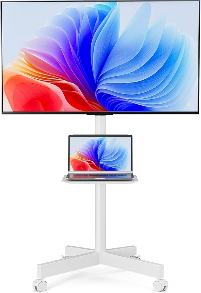 Mobile TV Stand for 23-65 Inch LCD LED Flat/Curved Panel Screen TVs, Height Adjustable Rolling TV Stand with Tilt Mount and Shelf, Portable Stand Holds up to 110 lbs, Max VESA 400x400mm, White