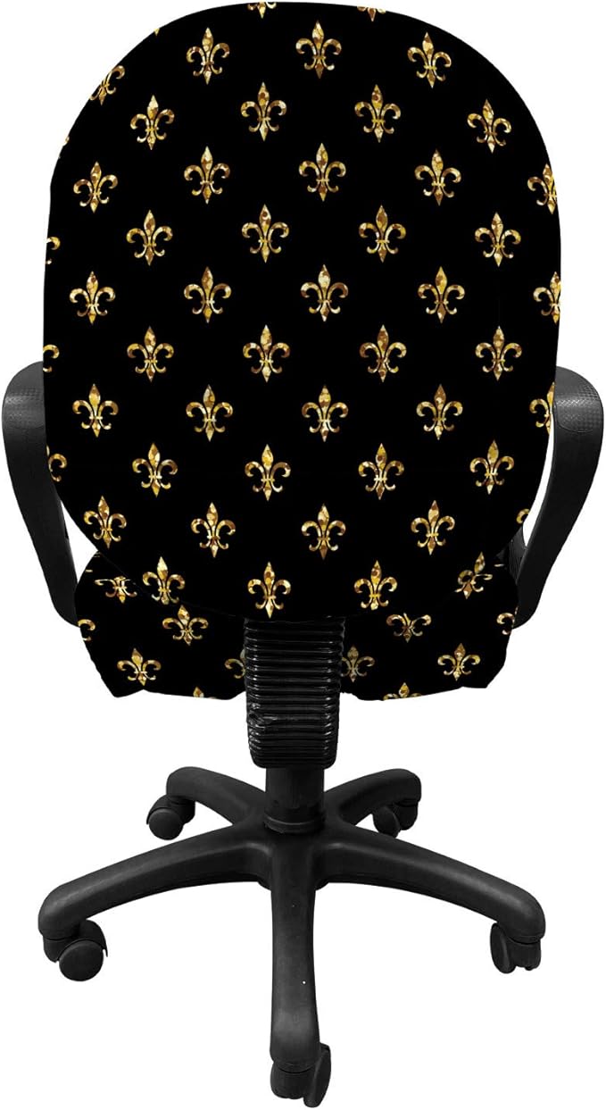 Ambesonne Fleur De Lis Office Chair Slipcover, Old Fashioned Baroque Background Royal Lily Flower Fashion Art, Protective Stretch Decorative Fabric Cover, Standard Size, Yellow Black