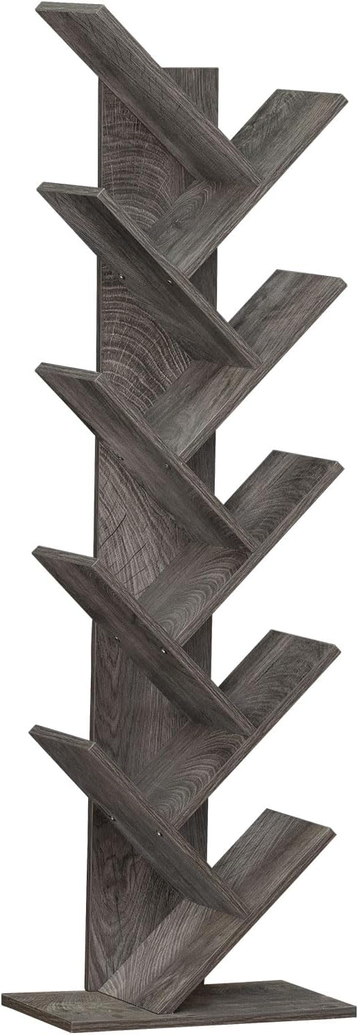 SHEEPAM 10 Tier Tree Book Shelf, Floor Standing Wood Bookshelf for Narrow Space, Storage Organizer Bookshelves for Books/CDs/Magazine, Bookcase with Shelves for Home Office, Living Room - Light Grey