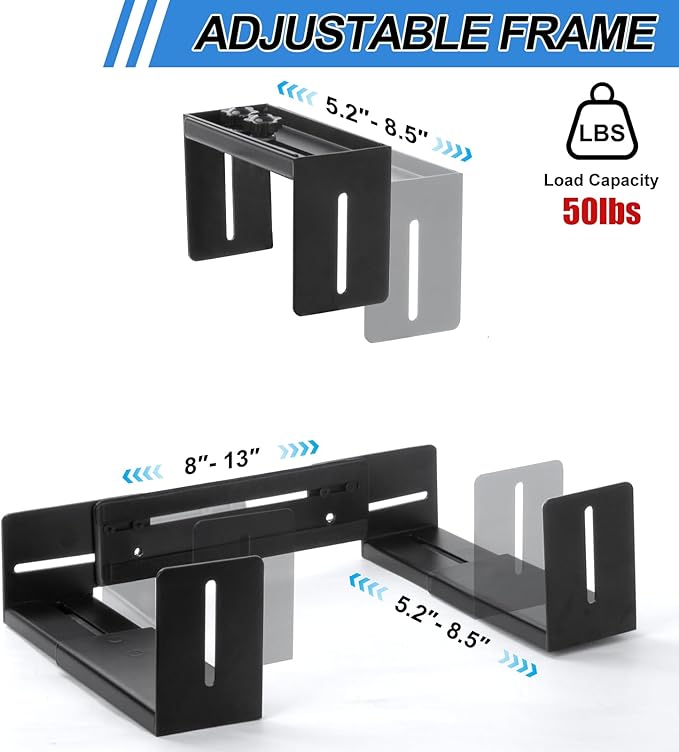 PC Wall Mount Adjustable Bracket Open Frame, Width Adjustable from 5.2" to 8.5", Thickened Steel Computer Tower Wall Mount for Full Tower, PC Holder for Home Office Computer Case CPU Holder