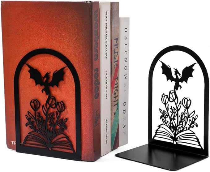 Book Ends, Bookends, Book Ends for Shelves, 1 Pair Non Skid Metal Book Divider Decorative Holder, Abstract Art Desgin Book Stopper Supports for Office, Home (Dragon A)