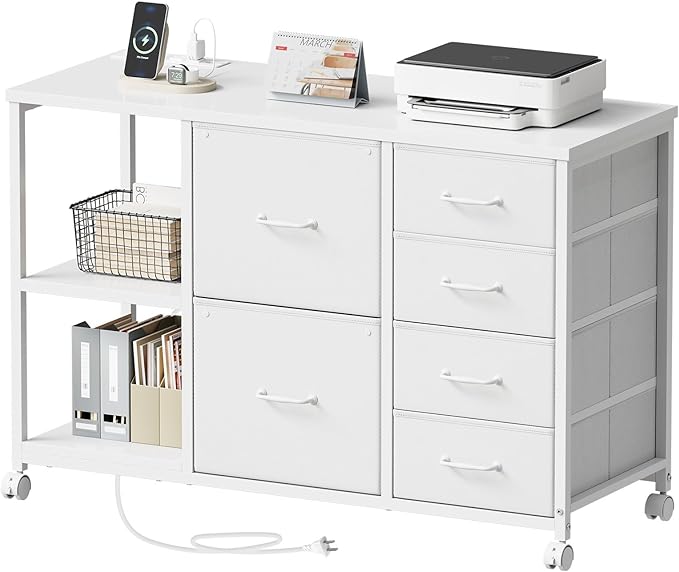 Maihail 6 Drawer File Cabinet with Charging Station Rolling Printer Stand with Open Storage Shelf Fabric Lateral Filing Cabinet for Home Office,White