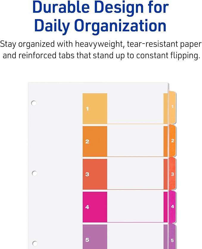 Avery Dividers for 3 Ring Binders, 5 Tabs per Set, Customizable Table of Contents, Multicolor Tabs, Great for Organizing High-Volume Reports, Projects, and More (24 Sets of 11167)