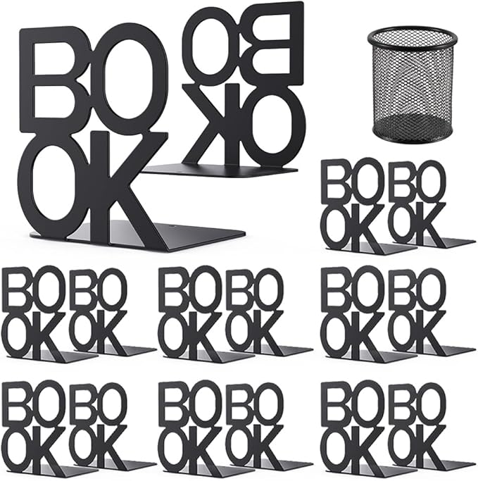 Book Ends - Decorative Metal Book Ends Supports for Bookrack Desk,Books, Unique Appearance Design,Heavy Duty (Black, 8 Pair)