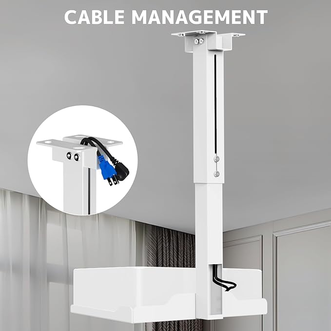 PUTORSEN Adjustable Projector Ceiling Mount,Universal Projector Shelf for Ceiling and Wall, Holds up to 22lbs，No Hole Installation, Hidden Cable Routing, White