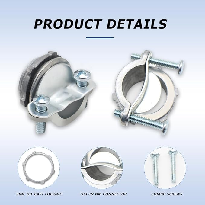 MAKERELE 50-Pack 3/8 Inch Clamp Type Cable Connectors - UL Listed - Durable Zinc Alloy - Ideal for and Metallic Conduit - Metal Electrical Box Wire Clamps