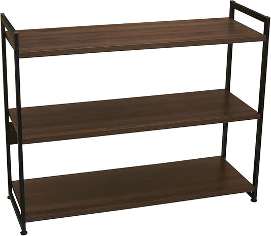 Household Essentials Jamestown Wide 3 Shelf Open Storage Bookshelf Mid Century Walnut Wood Grain and Black Metal