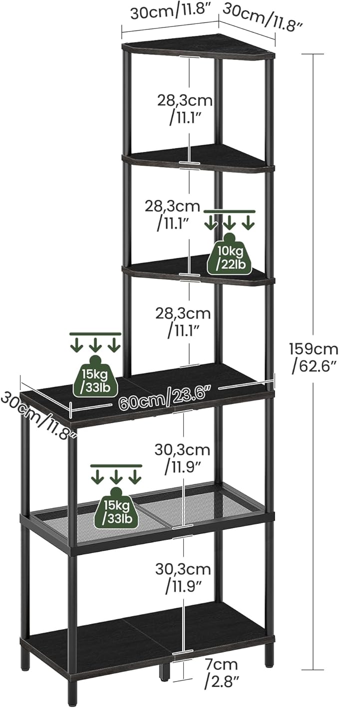 CHOEZON 6-Tier Corner Shelf, Industrial Corner Bookshelf with Desk Top, Diamond-Shaped Storage Shelves, Display Stand for Small Spaces, Living Room, Home Office, Foyer, Black TCJ70BB