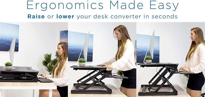 Mount-It! 35.5" Standing Desk Converter with Keyboard Tray – Adjustable Sit Stand Desk Riser for Dual Monitors – Dual Gas Spring Height Adjustable Desktop Workstation Topper – Black
