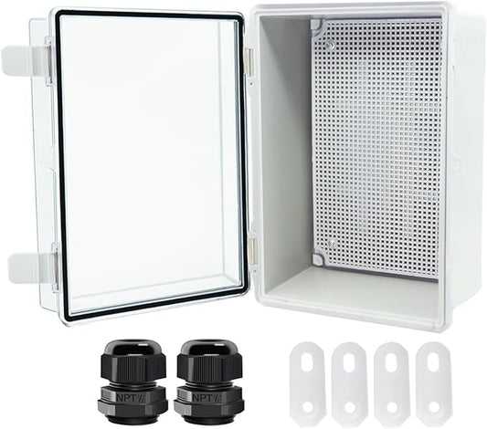 Junction Box, Hinged Clear Cover IP67 Waterproof ABS Project Box with 2 NPT 1/2" Cable Gland, Electrical Box Enclosure with Mounting Plate & Wall Bracket 11.4 x 7.5 x 5.5inch(290x190x140mm)