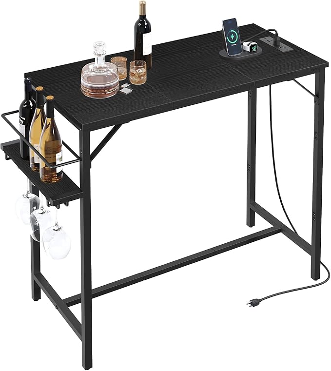 MAHANCRIS Bar Table, 35.4-Inch Counter Height Pub Table with Charging Station, Rectangular Dining Table with Wine Rack and Glass Holder, High Top Cocktail Tables, for Kitchen, Black（Only Table）