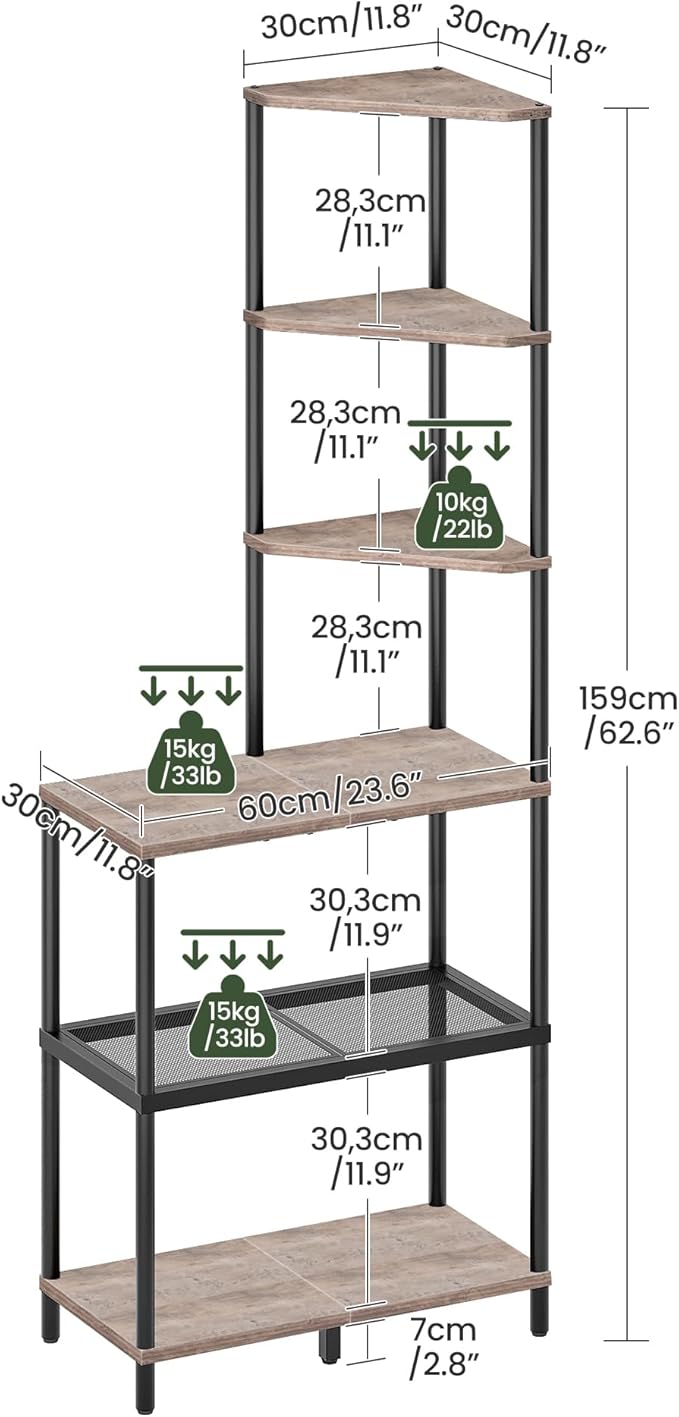 CHOEZON 6-Tier Corner Shelf, Industrial Corner Bookshelf with Desk Top, Diamond-Shaped Storage Shelves, Display Stand for Small Spaces, Living Room, Home Office, Foyer, Greige and Black TCJ70BG