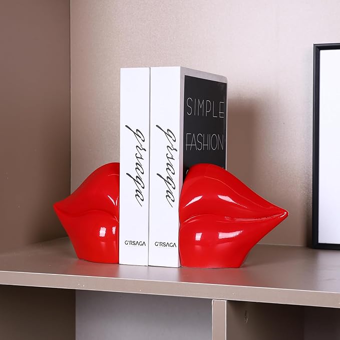 Red Lips Decorated Bookends，Set of 2 Heavy Decorative Book Stoppers，Unique Resin Decoration，Creative Desktop Red Decor for Study Room Hotel Office Shelves