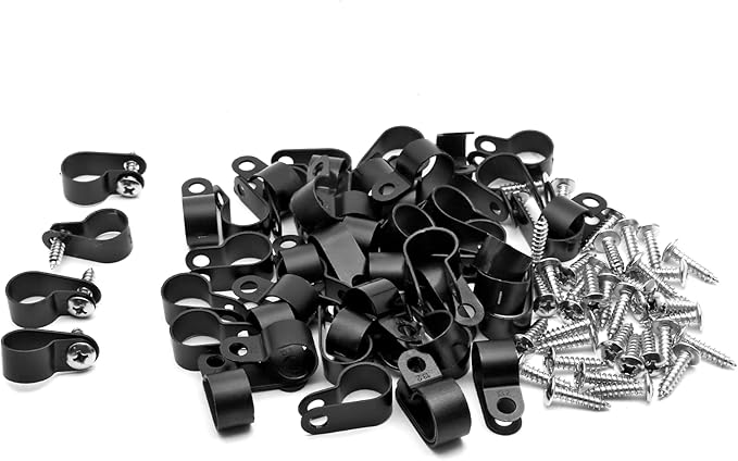 60pcs 1/2 Inch Nylon Cable Clamps, R-Type Wire Cable Clips with M4 Screws, Screw Mounting Cord Fastener Wire Conduit Clamp for Wire Management (Black)