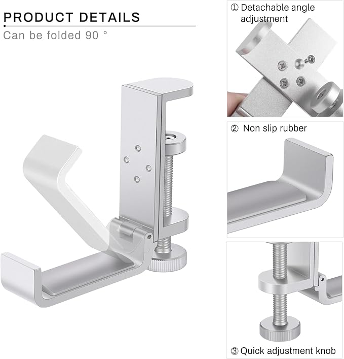 All Aluminum Foldable Headphone Holder - Universal Stand for Gaming PC Accessories, Under Desk Clamp Hook (Silver)