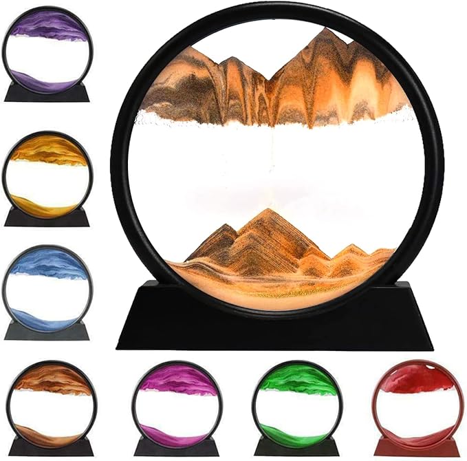 rysnwsu 3D Dynamic Sand Art Liquid Motion, Moving Sand Art Picture Round Glass 3D Deep Sea Sandscape in Motion Display Flowing Sand Painting Relaxing Desk Toys (Yellow, 12'')