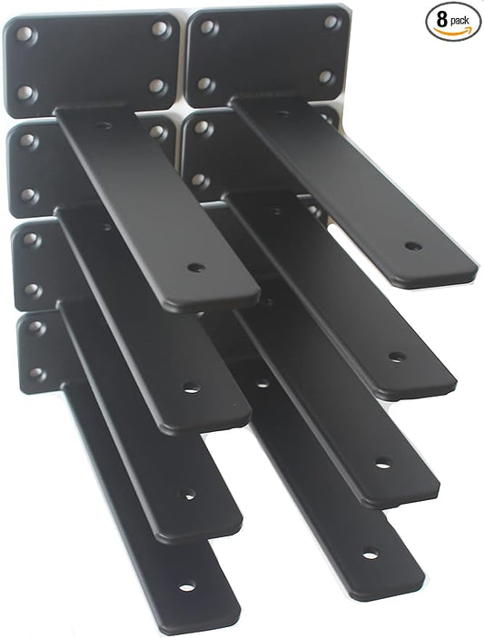 8 Pack - 8 inch Black Hidden L Shelf Bracket (1/5 Inch Thicked) Iron Floating Shelf Brackets Rustic Industrial Metal Brackets for Shelf Support