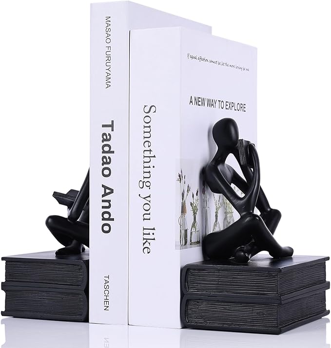 Heavy Duty Book Ends for Shelves, Thinker Bookends Set of 2 Decorative Book Ends for Heavy Books, Modern Unique Shelf Decor for Home Office Living Room Desk