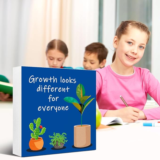 LVQHI Blue Inspirational Desk Sign,Growth Looks Different for Everyone Plant Motivational Wooden Block Sign for Home Bedroom Office Desk Decor 5“L x 5"W x 1.2"H