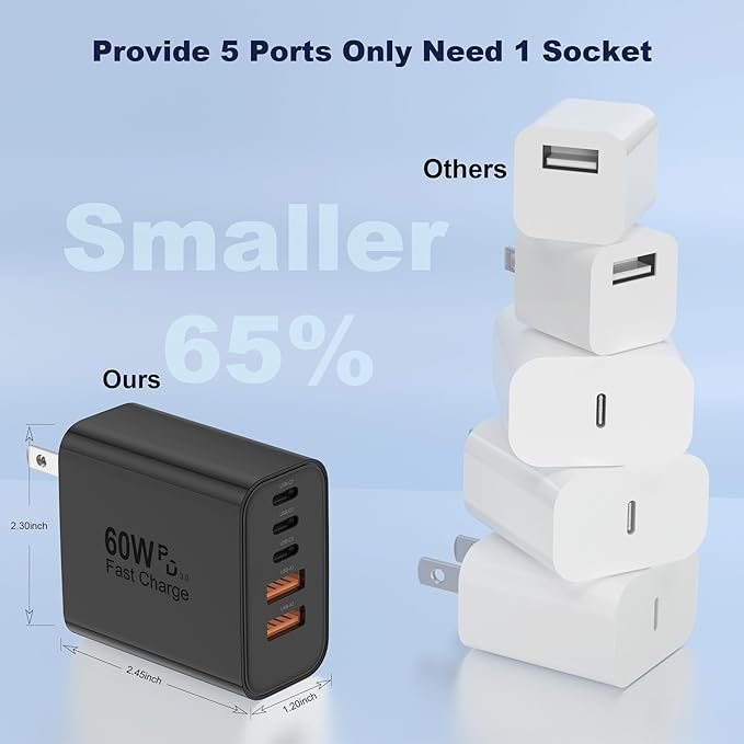 USB C Charger Block, 60W 5 in 1 Charging Blocks, PD 3.0 Fast Charger, QC 2A Black Wall Plug Multiport Type C Charging Block for iPhone 17 16 15 14 13 12 Pro Max, iPad, iPod, Samsung, AirPods Pro
