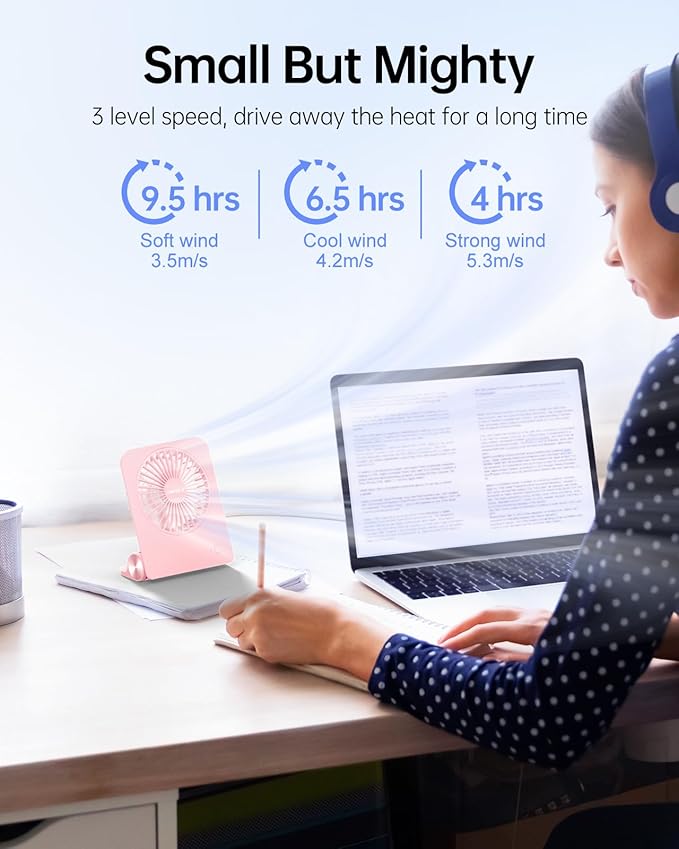 TriPole Desk Fan Small Portable Fan 2000 mAh Rechargeable Battery Ultra Quiet 4.5 Inch Mini Travel Fan with 180° Tilt Folding and 3 Speeds Adjustable for Home Office Desktop Pink
