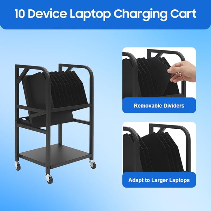10-Device Mobile Charging Station, Open Laptop Charging Cart for Classroom - Rolling iPad Chromebook Tablet Charging Cart with Power Strip & Dividers, Portable Charging Stand for School Office