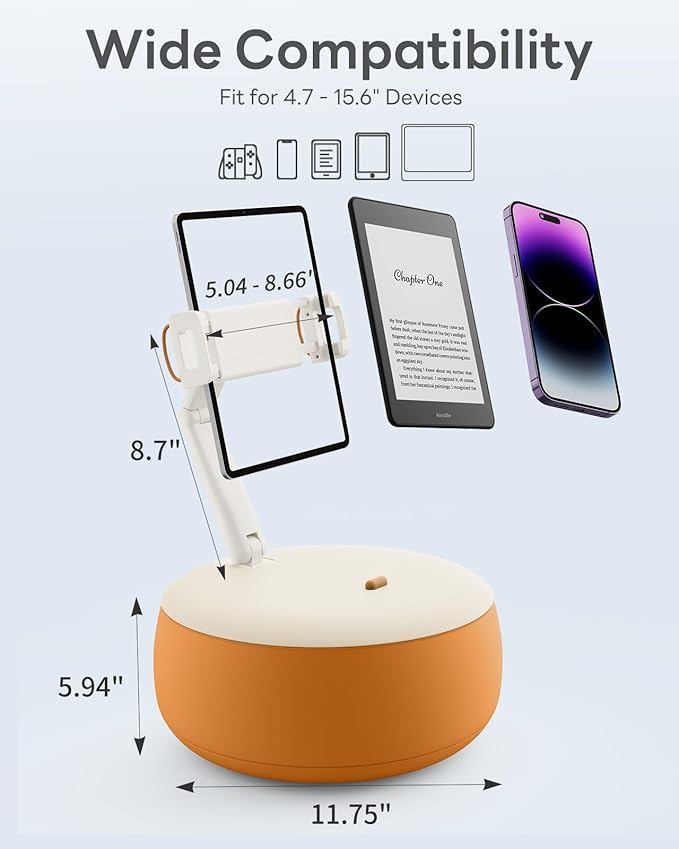 SAIJI Tablet Pillow Stand, Kindle Holder Compatible with 4.7-15.6” Kindle, Phone, Portable Monitor, 360° Adjustable Tablet Stand for Bed with Flexible Dual Axis Arm&Microbead Cushion (Orange)