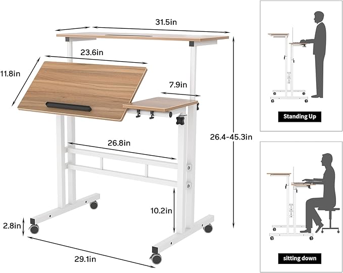 sogesfurniture Mobile Standing Desk, Portable Stand Up Desk, Small Adjustable Standing Desk Converter with Wheels Home Office Workstation, Rolling Desk Laptop Cart for Standing or Sitting, Oak