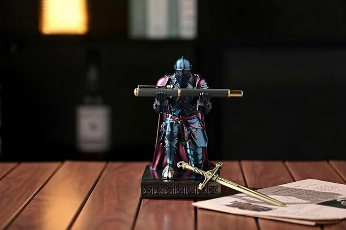 Medieval Armored Warrior Wearing Outerwear, Mobile Phone Stand Knight Pen Holder Desk Organizers, Resin Bookends Paperweight with a Letter Opener for Desk (Blue&Purple)