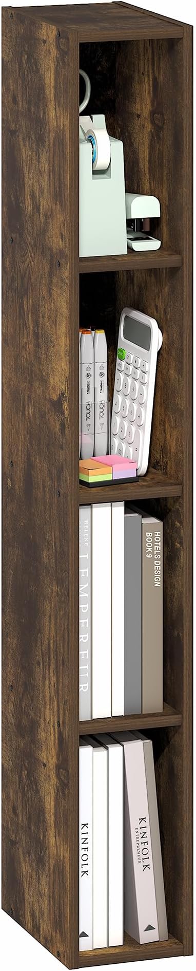 Furinno Fulda Book Shelf, 4-Tier Narrow Bookshelf, Standing Bookcase with 6-in Width Storage Shelf, 9.3 x 5.9 x 41.6, for Organization and Storage, for Living Room, Bedroom, Home Office, Amber Pine