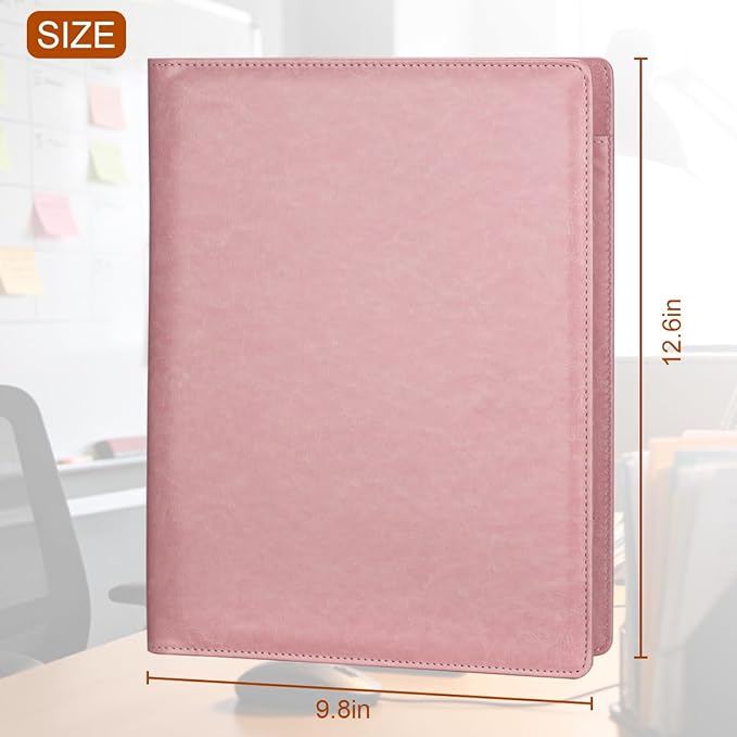 Padfolio Portfolio Binder, Faux Leather Folder, Resume Interview Legal Document Organizer, Letter Sized Writing Pad w/Business Card Holder, A4 Professional Folio for Office Conference (Pink)