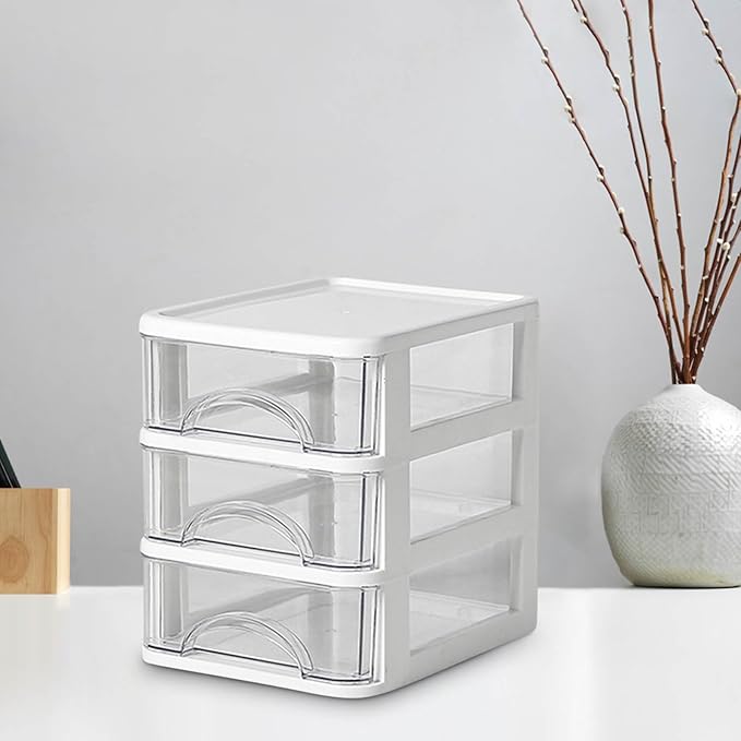 Mini Desktop Drawer Plastic White Frame with Clear Drawers Small Storage Drawers Containers Multi-layer Storage Organization Units for Storing Arts, Crafts, Sewing Accessories, Stationary (3 Layers)