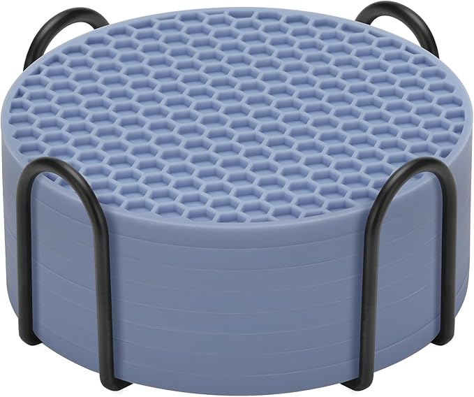 TWTLi Silicone Coasters Set of 8 with Holder,Coasters for Drinks,Beer,Coffee Coasters,Suitable for Kinds Cups,Hot or Cold,Anti-SLI,Non-Stick,Anti-Overflow Tabletop Protection and Decor (8 Pcs, Blue)