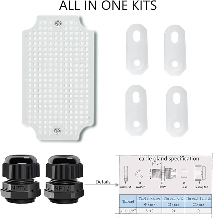 Junction Box, Hinged Clear Cover IP67 Waterproof ABS Project Box with 2 NPT 1/2" Cable Gland, Electrical Box Enclosure with Mounting Plate & Wall Bracket 5.9 x 3.9 x 2.8inch(150x100x70mm)