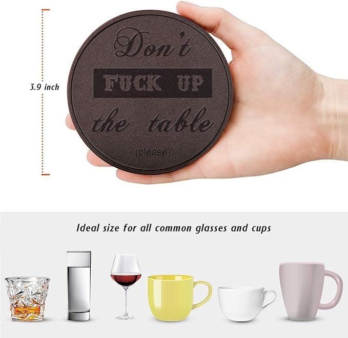 Funny Coasters, Thipoten Leather Coasters with Holder, Protect Furniture from Water Marks Scratch and Damage(6Pcs, Brown)