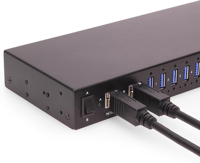 Gearmo 16-Port Rack Mount USB Hub - Powered USB 3.0 Type A Ports, Dual Upstream Ports, 5Gbps Speed, ESD Surge Protection, 1U Rack Industrial USB Hub