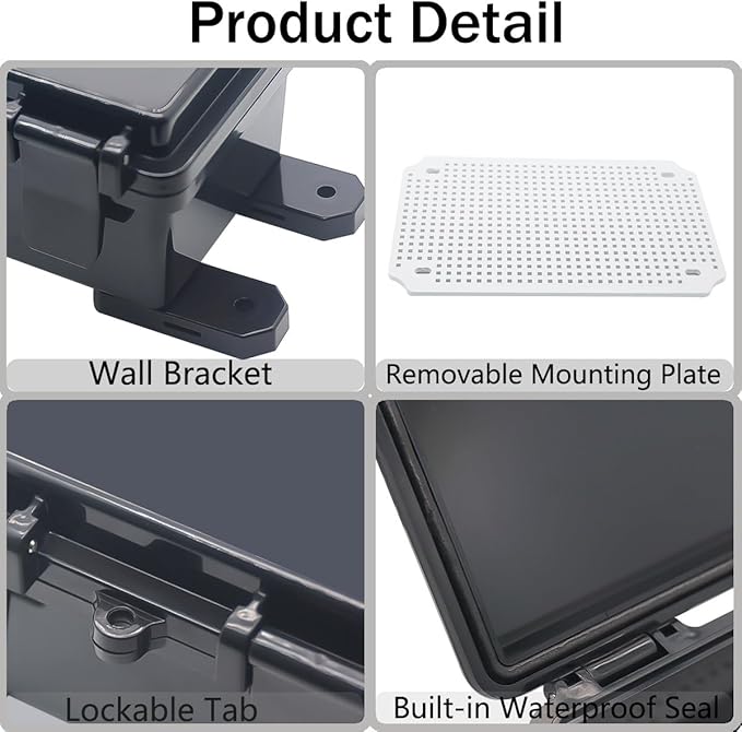 Junction Box, Hinged Black Cover IP67 Waterproof ABS Project Box with Mounting Plate Electrical Box Enclosure with Wall Bracket 11.4 x 7.5 x 5.5inch(290x190x140mm)