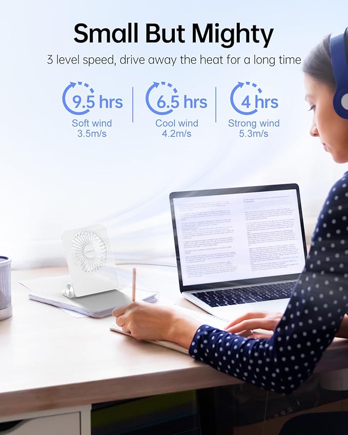 TriPole Desk Fan Small Portable Fan 2000 mAh Rechargeable Battery Ultra Quiet 4.5 Inch Mini Travel Fan with 180° Tilt Folding and 3 Speeds Adjustable for Home Office Desktop White