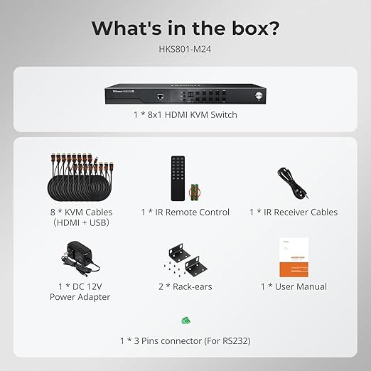TESmart HDMI KVM Switch 8 Port 8K@60Hz, USB 3.0 8X1 Rackmount KVM Enterprise-Grade EDID Emulator, Hotkey Switch, RS232, LAN Port, IR Remote, IP Control, Auto Scan, with 8 Pcs 5ft KVM Cable