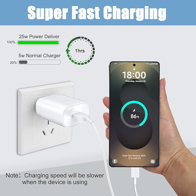 Type C Charger Fast Charging,25W PD USB C Fast Wall Charger Block & 6.6ft Android Phone Charge Cable for Samsung Galaxy S26 S25 S24 S23 S22 S21 S20 Plus Ultra,Note 20 10 9 8/ S10 S9 S8 Pixel 6 5 4 Pro
