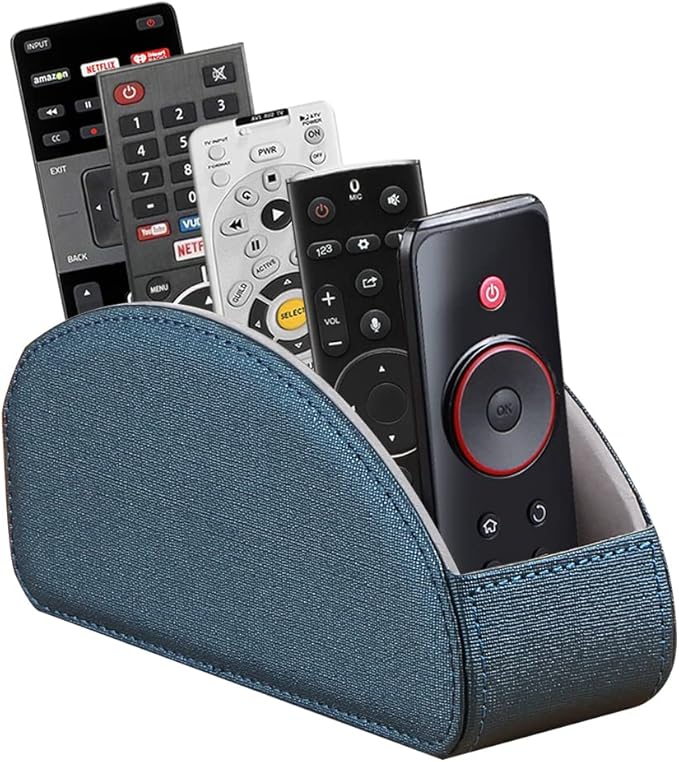Leather Remote Control Holder,TV Remote Caddy with 5 Compartments,Desktop Organizer,for Store TV,DVD,Blu-Ray,Media Player,Heater Controllers(Blue)