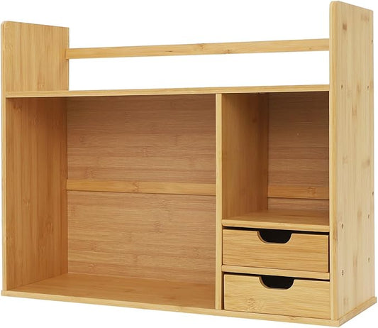 Bamboo Desk Organizer and Shelf Unit, 2-Tier Desktop Bookshelf with 2 Drawers, Sturdy Natural Tabletop Storage for Office Home Students, Space Saver, 22.83 * 18.11in, Holds 110lbs