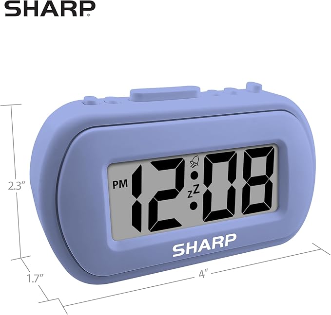 Sharp Digital Alarm Clock – Tactile Case with Soft Rubberized Finish - Battery Operated – Blue Backlight on Demand – Ascending Alarm – Easy to Use – Lavender